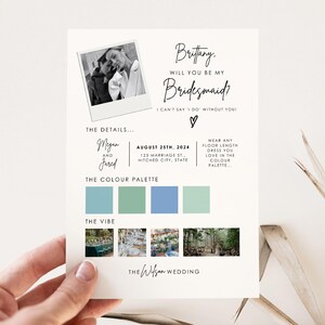 Serez-vous ma demoiselle d'honneur - Carte de proposition personnalisée avec palette de couleurs de mariage et tableau d'humeur