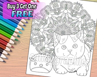 Cat Mandala - Adult Coloring Book Page - Printable Instant Download