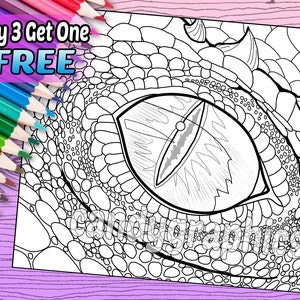 May include: A black and white line drawing of a dragon's eye. The eye is large and detailed, with a scaly texture around it. The drawing is perfect for coloring.