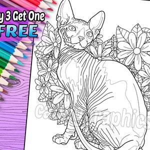 May include: A black and white line drawing of a Sphynx cat sitting in a bed of flowers. The cat has a wrinkled face and large ears. The flowers are simple and stylized.