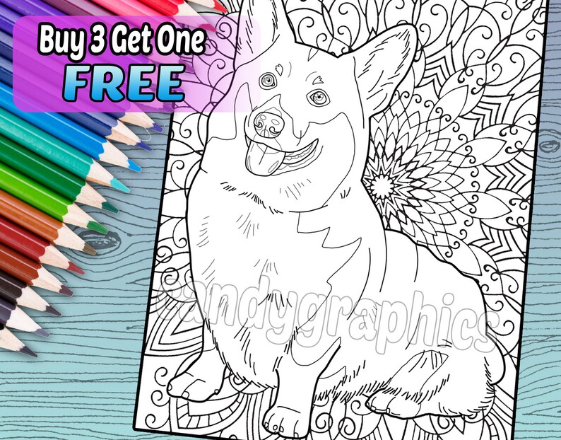 Cute Corgi Adult Coloring Book Page Printable Instant Download image 1