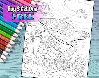 Sea Turtle Underwater - Adult Coloring Book Page - Printable Instant Download