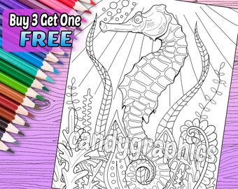 Seahorse - Adult Coloring Book Page - Printable Instant Download