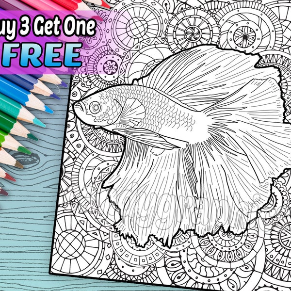 Beautiful Betta Fish - Adult Coloring Book Page - Printable Instant Download