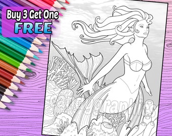 Mermaid - Adult Coloring Book Page - Printable Instant Download