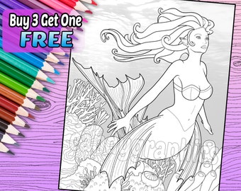 Sirena - adulto colorear libro página - descarga inmediata para imprimir