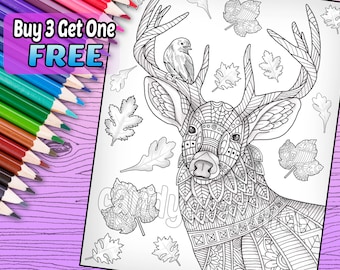 Deer with Leaves - Adult Coloring Book Page - Printable Instant Download