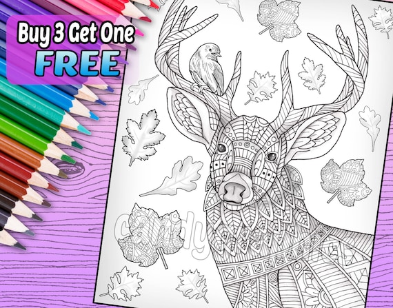 Deer With Leaves Adult Coloring Book Page Printable
