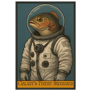 Poster con cornice raffigurante un astronauta con pesce, divertente, surreale, con pesce spaziale, astronauta in tuta spaziale, regalo d'arte galattica.
