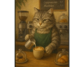 May include: A gray cat wearing a green apron pours milk into a cup of coffee with latte art. The cat is standing behind a counter with a coffee grinder and espresso machine. A sign above the counter lists prices for espresso, latte, cappuccino, and pastries.