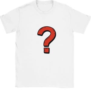 Puede incluir: Camiseta blanca con un signo de interrogación rojo.