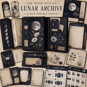 Puede incluir: Kit de folio imprimible de 32 páginas The Moon Witch's Lunar Archive con componentes de papel azul oscuro y crema. Incluye una carpeta central, varias etiquetas, tarjetas y hojas decoradas con fases lunares, ilustraciones botánicas y etiquetas de texto.