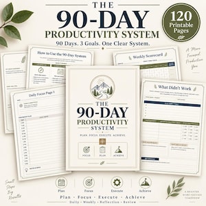 Puede incluir: Un conjunto de planificador imprimible 90-Day Productivity System que incluye una página de portada con gráficos de montañas, páginas de enfoque diario con bloques de tiempo, tarjetas de puntuación semanales y hojas de reflexión.
