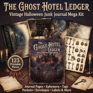 Puede incluir: Un kit digital de diario basura titulado The Ghost Hotel Ledger, que incluye 123 piezas imprimibles como páginas de diario, efímera, etiquetas, bolsillos y sobres. La colección muestra gráficos de estilo vintage de un hotel embrujado y llaves.