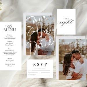 PRINTED & VERSAND - Benutzerdefiniertes Foto-Hochzeits-Einladungs-Bundle - Einladungen, Antwortkarten, Umschläge, Menü + mehr - Personalisiertes Hochzeits-Briefpapier