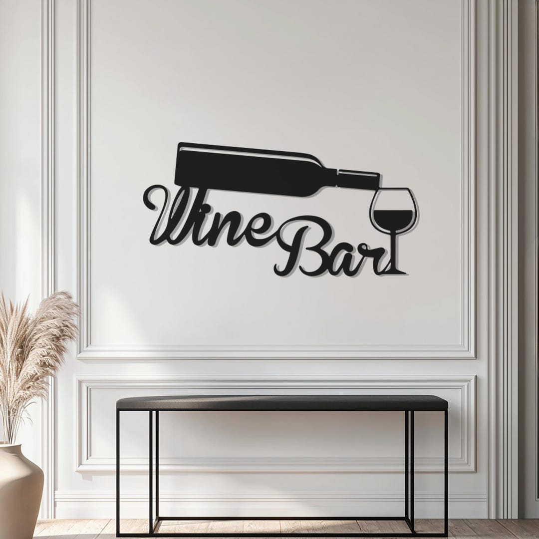 Modern Wine Bar Metal Wall Art Sign, Wine Bottle and Glass Wall Decor for Kitchen or Bar ...