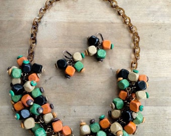 30s 40s 50s Style CZECH Inspired Wooden Necklace & Earrings Sunbaked Colors Novelty