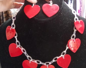 40s 50s Red Acrylic Hearts Necklace & Earrings