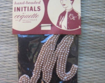 50s Sew On Imitation PEARL Applique INITIAL  M  1950s Dead Stock New Old  Japan