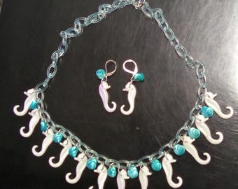 40s 50s Style Seahorses And Aqua Real Seashells Necklace & Earrings