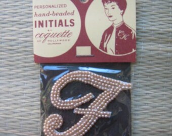 50s Sew On Imitation PEARL Applique Sew On INITIAL  F  1950s Dead Stock New Old  Japan