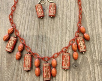 40s 50s RED GOLD Art Deco Egyptian Inspired Necklace & Earrings