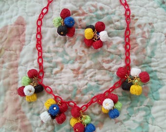 40s 50s Multi Color RAFFIA Necklace & Earrings
