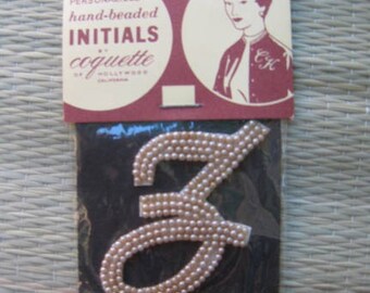 50s Imitation PEARL Applique Sew On INITIAL  Z  1950s Dead Stock New Old  Japan