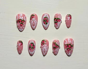 Coquette Strawberry Lace Press on Nails
