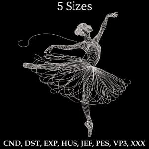 Può includere: Un disegno a tratto bianco di una ballerina in posa aggraziata su sfondo nero. Il testo "5 Sizes" è in alto e i formati di file di ricamo sono elencati in basso.