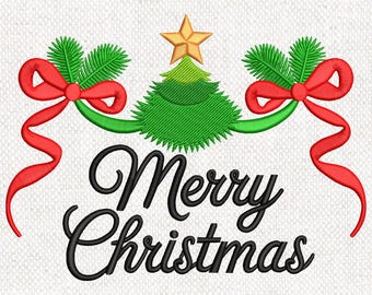 Merry Christmas Tree Banner Embroidery, Merry Christmas Embroidery Design, Holiday Machine Embroidery File, Christmas Gift, Instant download