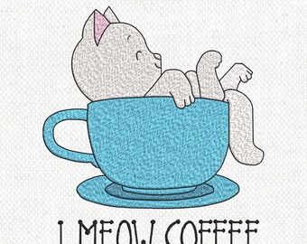 Cat Coffee Embroidery Design, I Meow Coffee Embroidery File, Cute Cat Mug Embroidery, Coffee Lover Design, 5 Sizes, Instant Download