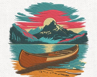 Canoe Lake Mountain Sunset Embroidery Design, Nature Embroidery Design, Mountains Lake Embroidery Design, Sunset Nature Embroidery, 8 Sizes