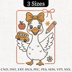 Back To School Goose Embroidery Design, Cute Goose with Bow and Bus Machine Embroider File, Teacher Gift Embroidery, 3Sizes Instant Download