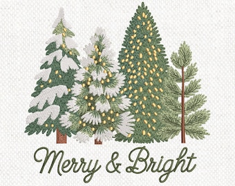 Merry and Bright Trees Embroidery, Christmas Tree Embroidery Design, Merry & Bright Winter Holiday Machine Embroidery File, Instant download