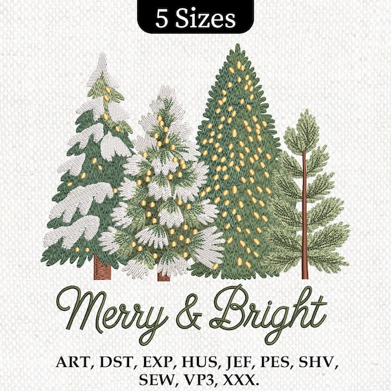 Merry and Bright Trees Embroidery, Christmas Tree Embroidery Design, Merry & Bright Winter Holiday Machine Embroidery File, Instant download