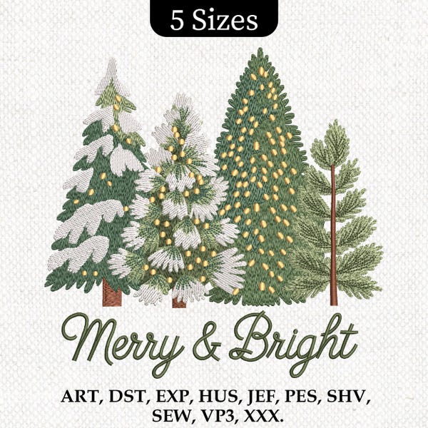 Merry and Bright Trees Embroidery, Christmas Tree Embroidery Design, Merry & Bright Winter Holiday Machine Embroidery File, Instant download