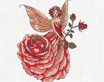 Rose Fairy Embroidery Design, Magic Fairy Tale Embroidery Designs, Fantasy Flower Fairy with Roses Machine Embroidery File, Instant download