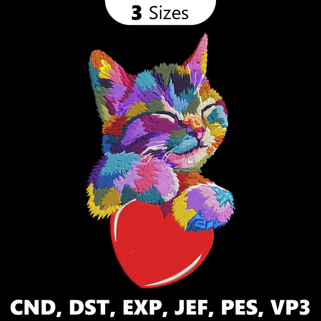 Cat Machine Embroidery Design, Fluffy Rainbow Cat Embroidery Design ...
