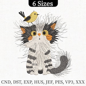 Whimsical Fluffy Cat & Bird Embroidery Design, Cute Kitten Machine Embroidery Pattern, cat lover embroidery file, cute Cat Embroidery Design