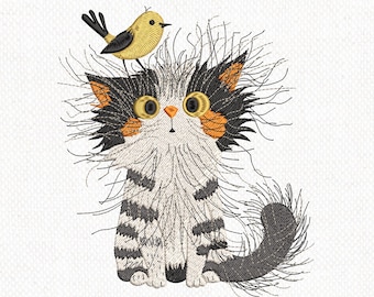 Whimsical Fluffy Cat & Bird Embroidery Design, Cute Kitten Machine Embroidery Pattern, cat lover embroidery file, cute Cat Embroidery Design