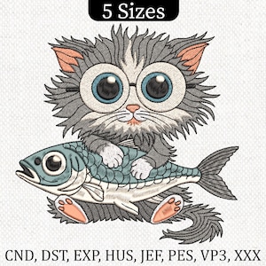 Happy cat embroidery, Cat Machine embroidery design, Crazy Cat Catching Fish Embroidery, Cute Cat Embroidery File, Animal Embroidery Design