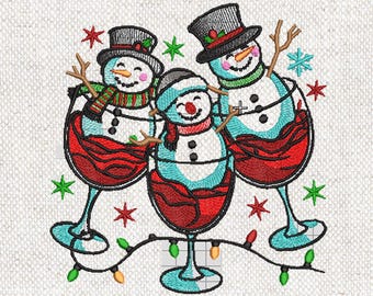 Desenho de bordado de boneco de neve, bordado engraçado de boneco de neve em taça de vinho 5 tamanhos, bordado de boneco de neve de Natal, bordado de feriado Download instantâneo