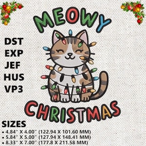 Desenho de bordado de gato de Natal Meowy, Desenho de bordado de gato fofo 3 tamanhos, Bordado de Natal, Desenho de bordado de feriado, Download instantâneo