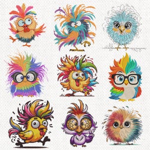 May include: Nine colorful cartoon birds with different hairstyles and expressions. The birds are all in various poses, some with glasses, some with crazy hair, and some with big eyes.