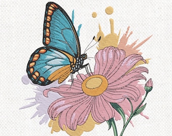 Butterfly on Flower Embroidery Design, Floral butterfly embroidery files, Butterfly Embroidery Design, 8 sizes, Floral Butterfly PES file,