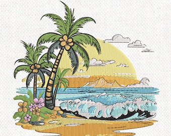 Tropical Beach Sunset Embroidery Design, Summer Palm Tree Ocean Waves Machine Embroidery, Sunset Nature Embroidery, Ocean, Instant download