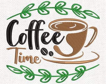 Broderidesign för kaffetid, maskinbroderidesign för kaffekopp, broderi för kök, broderifil för kaffeälskare, direktnedladdning