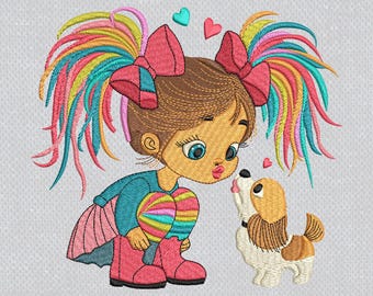 Cute Girl with Puppy Embroidery Design, Valentine Love Girl Embroidery Kids Love Machine Embroidery File, Cute Girl 4 Sizes Instant Download