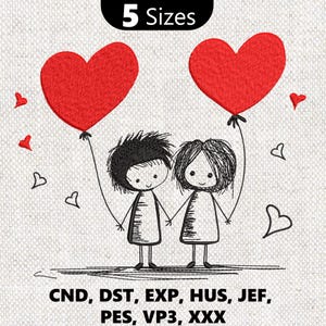 Couple Holding Heart Balloons Embroidery Design Romantic Love Machine Embroidery File Valentine Day Embroidery 5 Sizes Instant Download